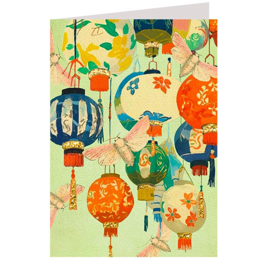 Glittered Colorful Lanterns and Moths Card ~ England